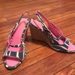 SPRING! Hot Pink + Blue Lilly Wedges Great Cond! 8